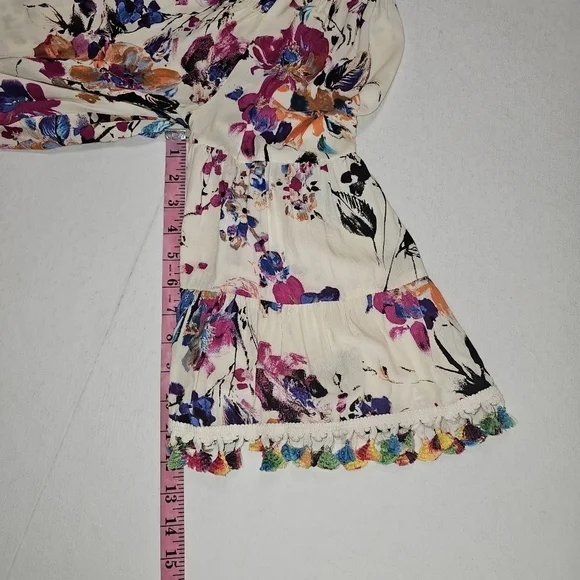 Jodifl, Pom Pom Fringe Tassel, Floral Smocked Draped Watercolor Boho Top large - Picture 3 of 12